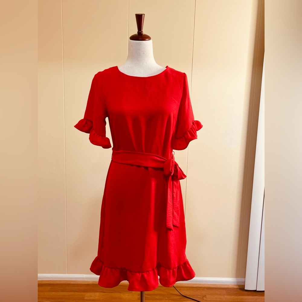 Tahari Belted Dress with Ruffle Hem and Short Sleeves Red Size XS